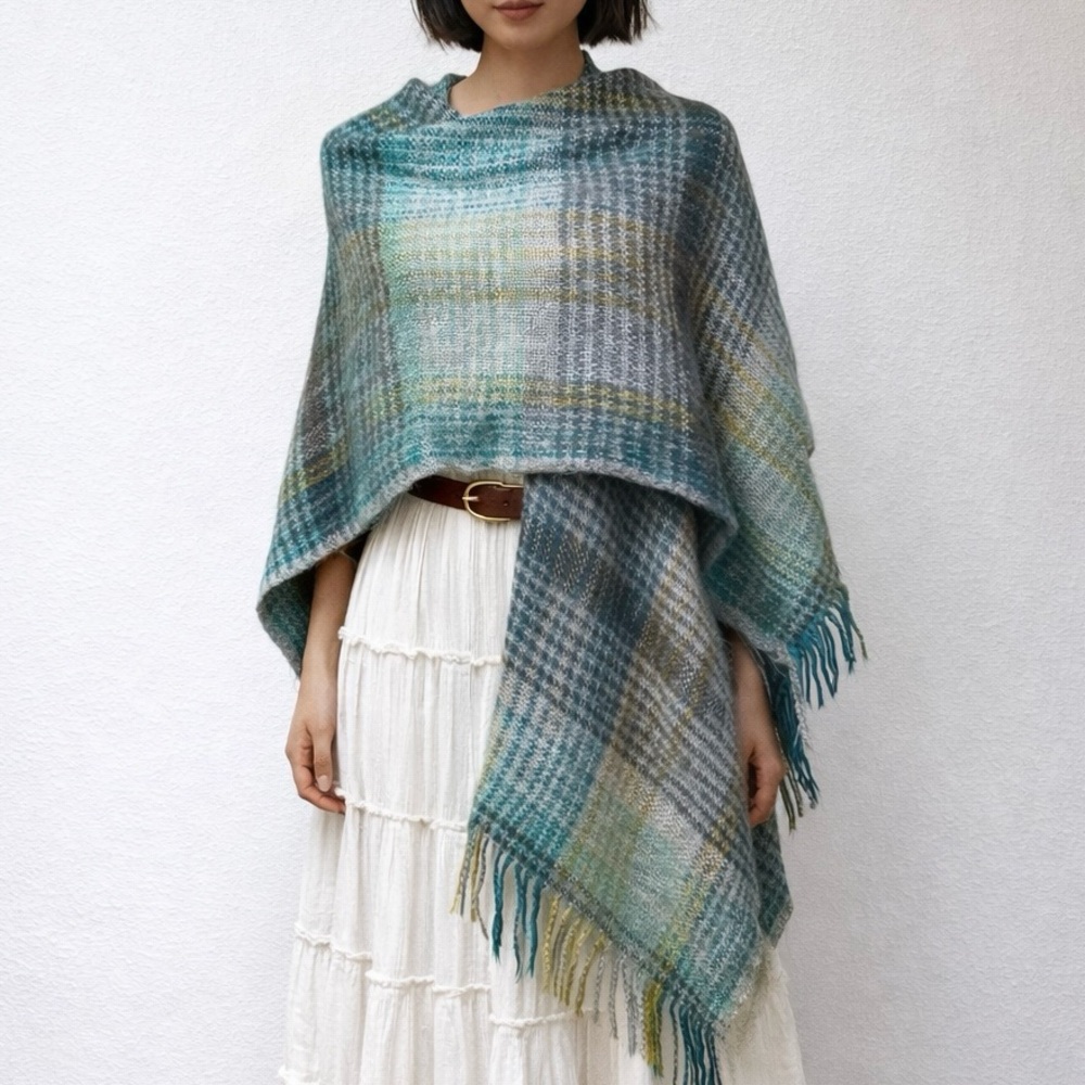 Y2K Echo Fuzzy Plaid Poncho Wrap Teal Boho Blanket Shawl